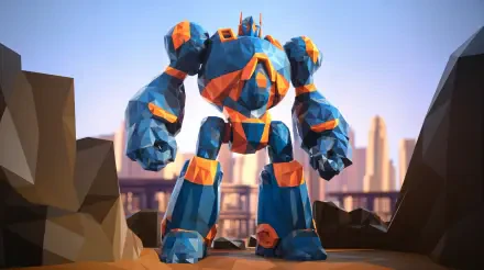 A giant robot stands prominently against a city skyline, rendered in vibrant blue and orange colors, making an impressive 4K Ultra HD PC desktop wallpaper and background.