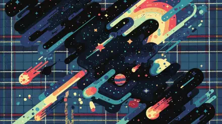 Colorful flannel-themed wallpaper featuring a cosmic design with planets, stars, and comet trails, set against a dark plaid background. A vibrant 4K Ultra HD desktop backdrop.