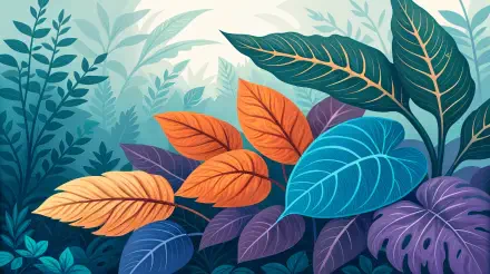 Vibrant digital foliage featuring colorful leaves in shades of orange, blue, and purple, set against a lush green background. A stunning 4K Ultra HD desktop wallpaper.