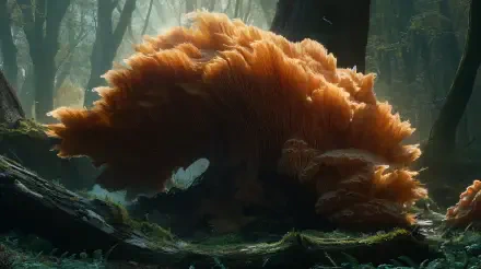 A stunning 4K Ultra HD image of a lion's mane mushroom, featuring its vibrant orange hues against a serene forest backdrop, capturing the beauty of nature.