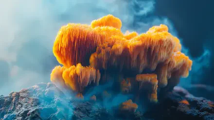 A striking 4K Ultra HD desktop wallpaper featuring a lion's mane mushroom, showcased against a misty blue background, highlighting its vibrant, textured orange strands.