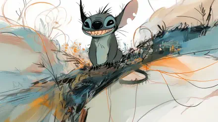 A vibrant HD wallpaper featuring Stitch from Lilo & Stitch, playfully sitting on a colorful abstract background filled with foliage and whimsical lines.