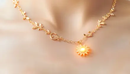 A close-up of an elegant gold necklace featuring intricate leaf designs and a sun-shaped pendant, set against a soft background, presented as a 4K Ultra HD desktop wallpaper.