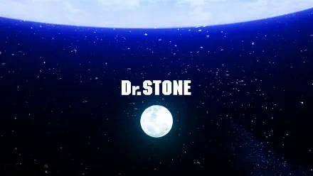A vibrant HD wallpaper featuring the title Dr. STONE, set against a cosmic backdrop with a glowing moon, perfect for fans of the anime.