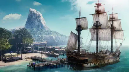 A stunning HD wallpaper from the video game Like a Dragon: Pirate Yakuza in Hawaii, featuring a majestic pirate ship anchored near a vibrant coastal landscape and a towering mountain.