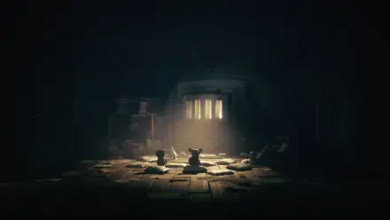 A dark, atmospheric scene from Little Nightmares III, featuring two figures surrounded by scattered papers and illuminated by eerie light, set against a haunting background.