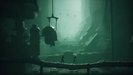 A haunting scene from Little Nightmares III, showcasing two small characters navigating a dim, eerie landscape filled with mysterious machinery in 4K Ultra HD.
