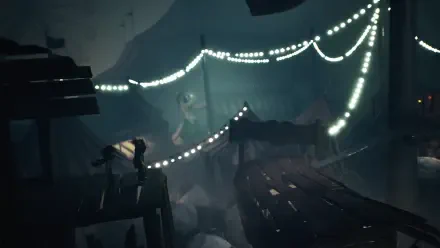 A dark and atmospheric scene from Little Nightmares III, featuring eerie lighting with strings of lights and a mysterious figure amidst scattered debris, creating a haunting backdrop.