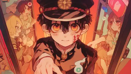 A vibrant HD desktop wallpaper featuring Hanako-kun from Toilet-bound Hanako-kun, showcasing his iconic look and surroundings in an engaging anime style.