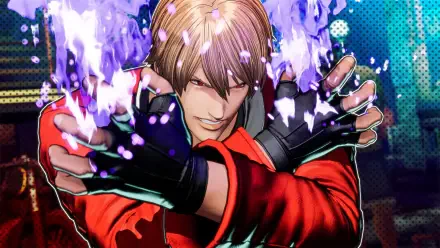 HD PC desktop wallpaper showcasing a character from the video game Fatal Fury: City of the Wolves, with dynamic purple energy effects and intense expression.