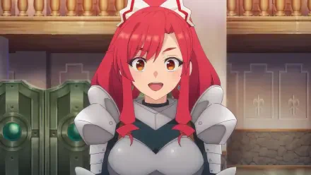 A vibrant anime character with red hair, wearing armor, smiles cheerfully in a medieval setting. This HD wallpaper features art from I Left My A-Rank Party to Help My Former Students Reach the Dungeon Depths!