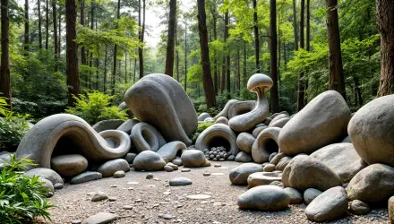 4K Ultra HD desktop wallpaper showcasing a serene rock garden sculpture amid a dense forest, blending natural rocks and artistic forms in a peaceful nature setting.