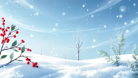 A serene winter landscape featuring sparkling snow, delicate snowflakes, and contrasting greenery, designed as a stunning 4K Ultra HD PC desktop wallpaper and background.