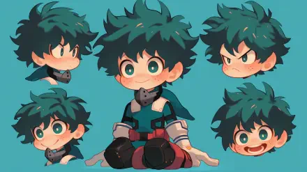 A vibrant HD wallpaper featuring Izuku Midoriya from My Hero Academia, showcasing his kawaii expressions and signature green hair, perfect for fans of the anime.