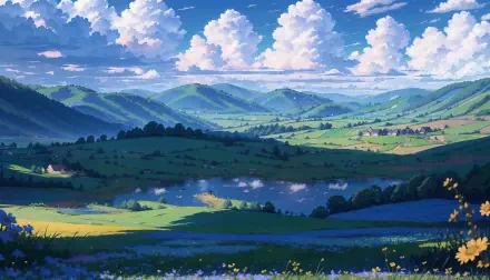 A vibrant AI-generated landscape featuring rolling green hills, a reflective river, and a bright blue sky with fluffy clouds, rendered in 4K Ultra HD for PC desktop wallpaper.