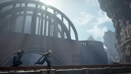A dynamic scene from Final Fantasy VII Rebirth, featuring characters running through a stunning landscape with dramatic lighting, set against a backdrop of towering structures and mountains.