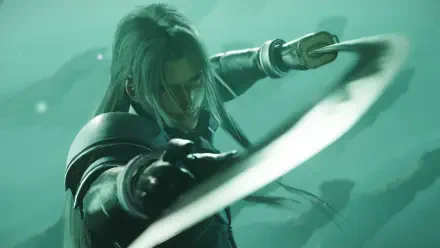 A dramatic 4K Ultra HD wallpaper featuring Sephiroth from Final Fantasy VII Rebirth, showcasing his iconic look and poised with his signature sword against a muted green background.