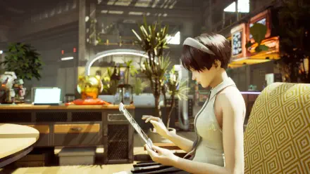 A character from the video game SYNDUALITY Echo of Ada engages with a tablet in a vibrant, modern setting filled with plants and tech, creating a captivating HD PC desktop wallpaper.