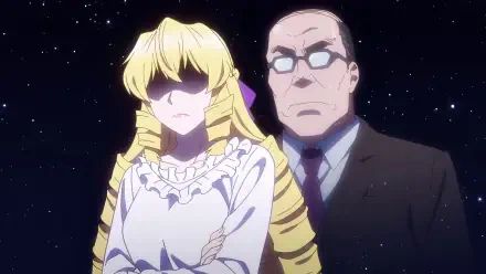 Anime scene from From Bureaucrat to Villainess: Dad's Been Reincarnated! featuring a blonde character with arms crossed and a stern man in glasses behind her against a starry backdrop.