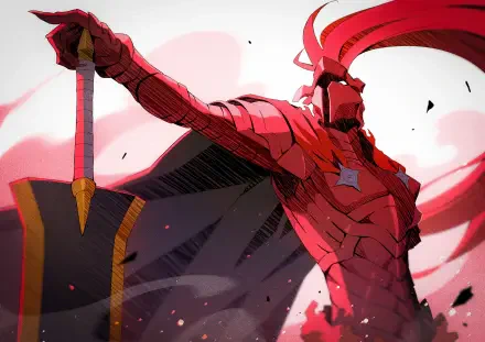 Igris from Solo Leveling in crimson armor and flowing cape, sword raised amid red energy—dynamic anime 4K UHD PC desktop wallpaper.