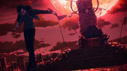 HD PC desktop wallpaper of Sung Jin-Woo from Solo Leveling standing in front of a large statue, set against a dramatic red sky and sun backdrop.