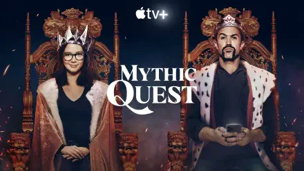 A vibrant 4K Ultra HD wallpaper features characters from the TV show Mythic Quest, featuring Rob McElhenney and Charlotte Nicdao, seated on ornate thrones.