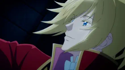 Anime wallpaper from I Want to Escape from Princess Lessons, featuring a character with long blonde hair and striking blue eyes, dressed in royal attire against a dark background.