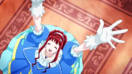 A vibrant HD anime wallpaper from I Want to Escape from Princess Lessons, featuring a joyful character in blue attire, reaching out with a cheerful expression.