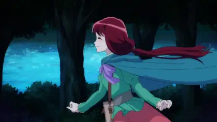 A vibrant anime scene from I Want to Escape from Princess Lessons, featuring a girl with flowing red hair running joyfully against a serene, moonlit background. Enjoy as a HD PC wallpaper.