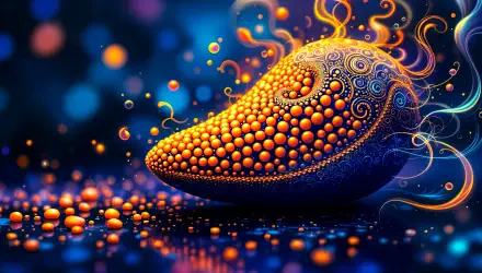 A colorful, abstract representation of a lentil, featuring intricate patterns and vibrant colors set against a blurred blue background. This 4K Ultra HD wallpaper adds depth and artistry.