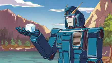 A robotic figure holds a sugar cube against a scenic background of mountains and water. This vibrant image serves as a 4K Ultra HD desktop wallpaper and background.