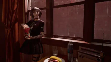 A character from the video game The Inn-Sanity stands by a window, holding a drink. A table features fruits and bottles, creating an immersive HD PC desktop wallpaper scene.