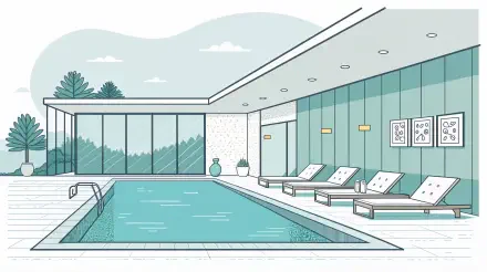 A serene spa scene featuring a tranquil indoor pool surrounded by lounge chairs and large windows, enhanced by a calming color palette, presented in 4K Ultra HD quality.