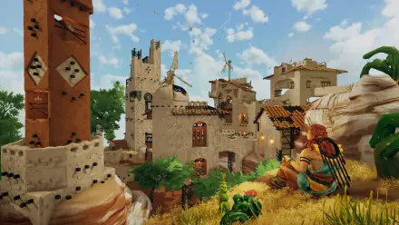 A vibrant 8K Ultra HD wallpaper featuring a scenic landscape from the video game Aloft, showcasing detailed architecture and lush greenery under a blue sky.