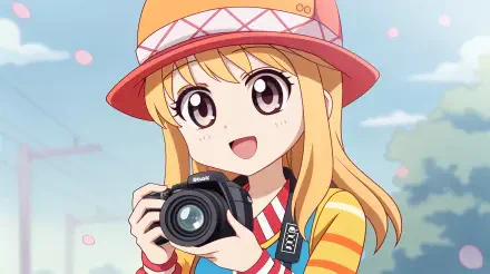 A kawaii anime girl with big eyes and a cheerful smile holds a camera, wearing a colorful striped shirt and a stylish hat, surrounded by soft pink petals in this vibrant 4K Ultra HD wallpaper.