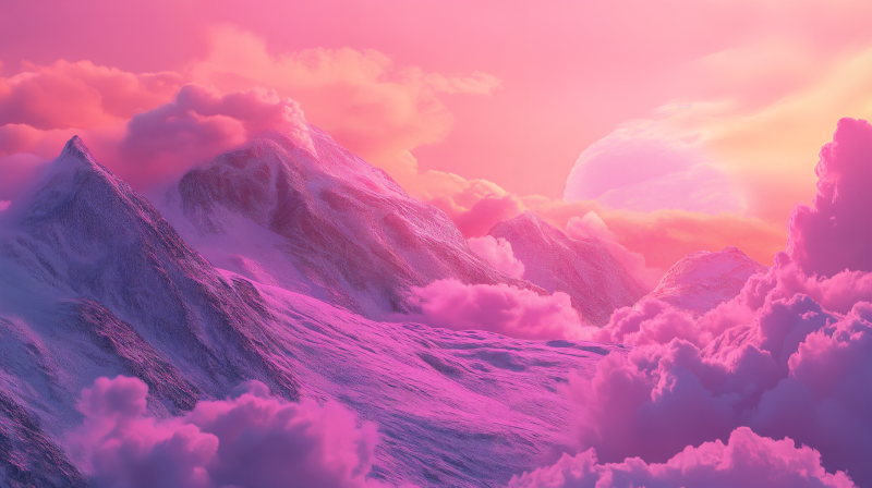 {{ A serene landscape featuring mountains and clouds bathed in vibrant pink hues, creating a dreamy pink aesthetic. This stunning image serves as a 4K Ultra HD desktop wallpaper. 