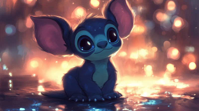 {{ A whimsical HD wallpaper featuring Stitch from Lilo & Stitch, showcasing his kawaii charm against a backdrop of soft, glowing lights. Perfect for fans of the beloved TV show. 