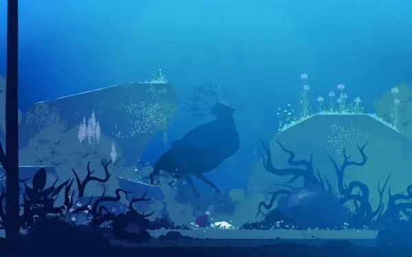 A captivating HD desktop wallpaper from the video game Neva, featuring a mysterious underwater scene filled with dark silhouettes and vibrant marine life surrounded by foliage.