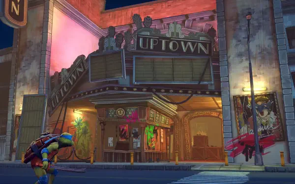 A vibrant HD desktop wallpaper from Teenage Mutant Ninja Turtles: Mutants Unleashed, showcasing an urban theater scene with colorful posters and the iconic Uptown marquee.