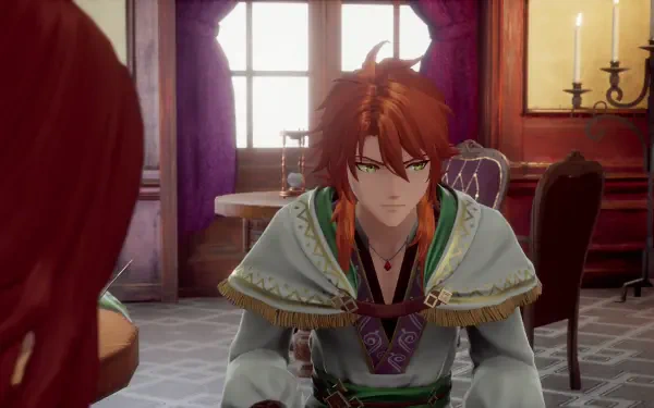 A captivating 4K Ultra HD wallpaper featuring a character from Romancing SaGa 2: Revenge of the Seven, set in a richly decorated interior, filled with warmth and depth.