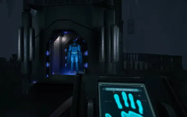 HD wallpaper showcasing a scene from the video game Batman: Arkham Shadow, featuring a blue-lit chamber with a futuristic figure emerging and a control interface in the foreground.