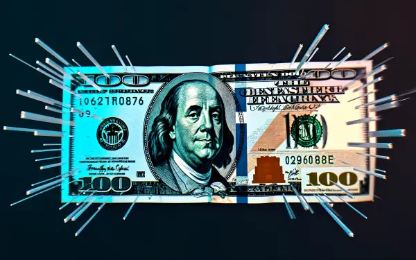 A vibrant 4K Ultra HD wallpaper featuring a $100 bill, surrounded by dynamic graphic elements, creating a striking visual representation of money.