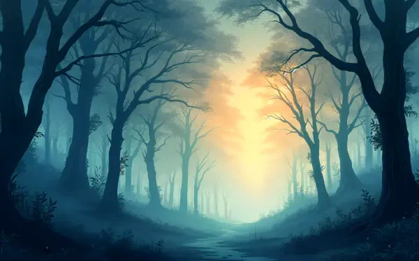 A misty forest at dawn, featuring tall, dark trees silhouetted against a soft orange light, creating an enchanting atmosphere. 4K Ultra HD desktop wallpaper and background.