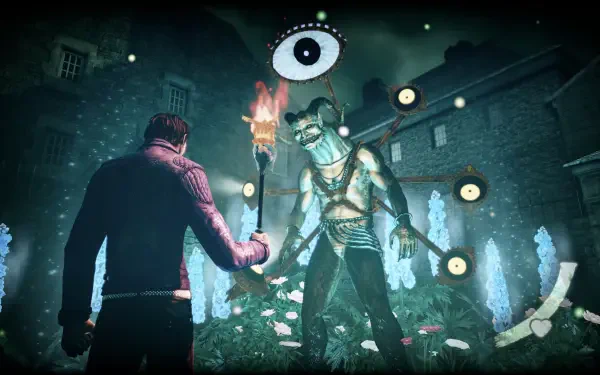 A character confronts a monstrous figure with multiple eyes in a dark, eerie landscape from the video game Shadow Of The Damned: Hella Remastered, presented as a stunning HD PC wallpaper.