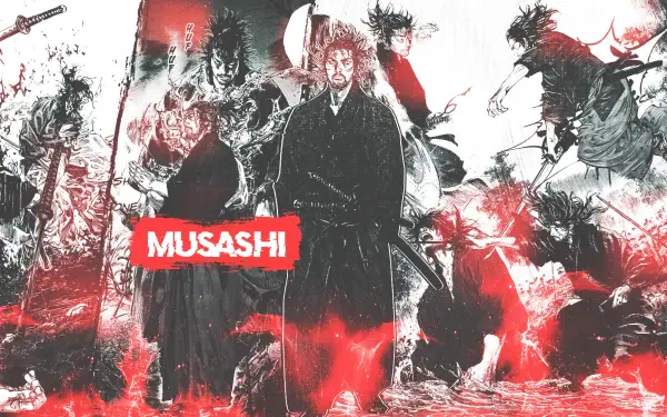 Manga-inspired HD desktop wallpaper featuring Musashi from Vagabond, showcasing dynamic imagery with bold red accents and dramatic characters in an artistic style.