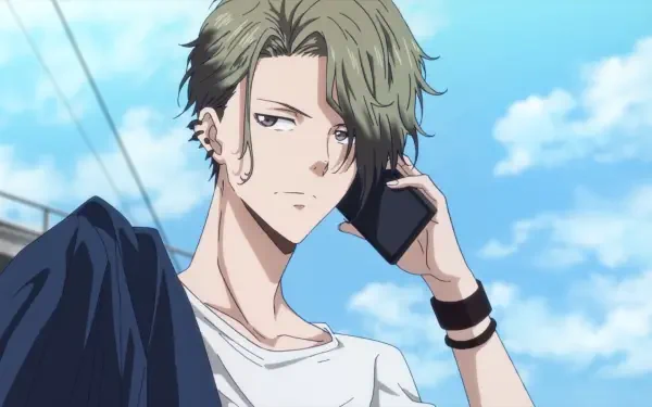 Anime-inspired HD wallpaper featuring a character from Ron Kamonohashi's Forbidden Deductions, highlighting a stylish figure on a phone against a bright sky.