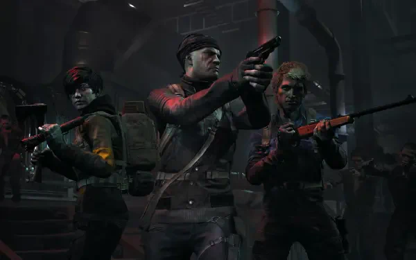 Three characters from the video game No More Room In Hell 2 are armed and ready for action, set against a dark, industrial background in this HD desktop wallpaper.