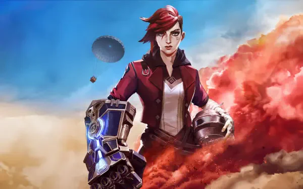 An 8K Ultra HD wallpaper featuring a character inspired by Playerunknown's Battlegrounds and VI from League of Legends, set against a dramatic cloud-filled background.