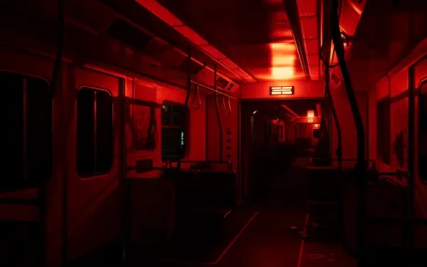 A dark train interior illuminated in red, evoking the eerie atmosphere of Dead Island 2. This 4K Ultra HD wallpaper enhances the gaming experience with its immersive design.