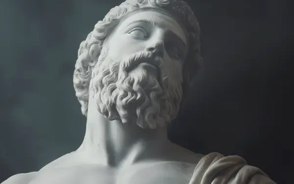 A close-up of a Greek statue, showcasing intricate details of the muscular physique and flowing hair, set against a soft, moody background. This 4K Ultra HD image serves as a stunning desktop wallpaper.